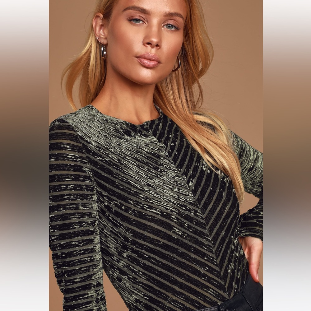 Save the Date Olive Green Velvet Striped Long Sleeve Bodysuit